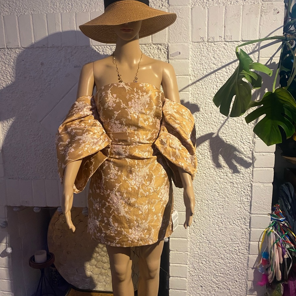 ASOS Tan Floral Mini Dress with large sleeves